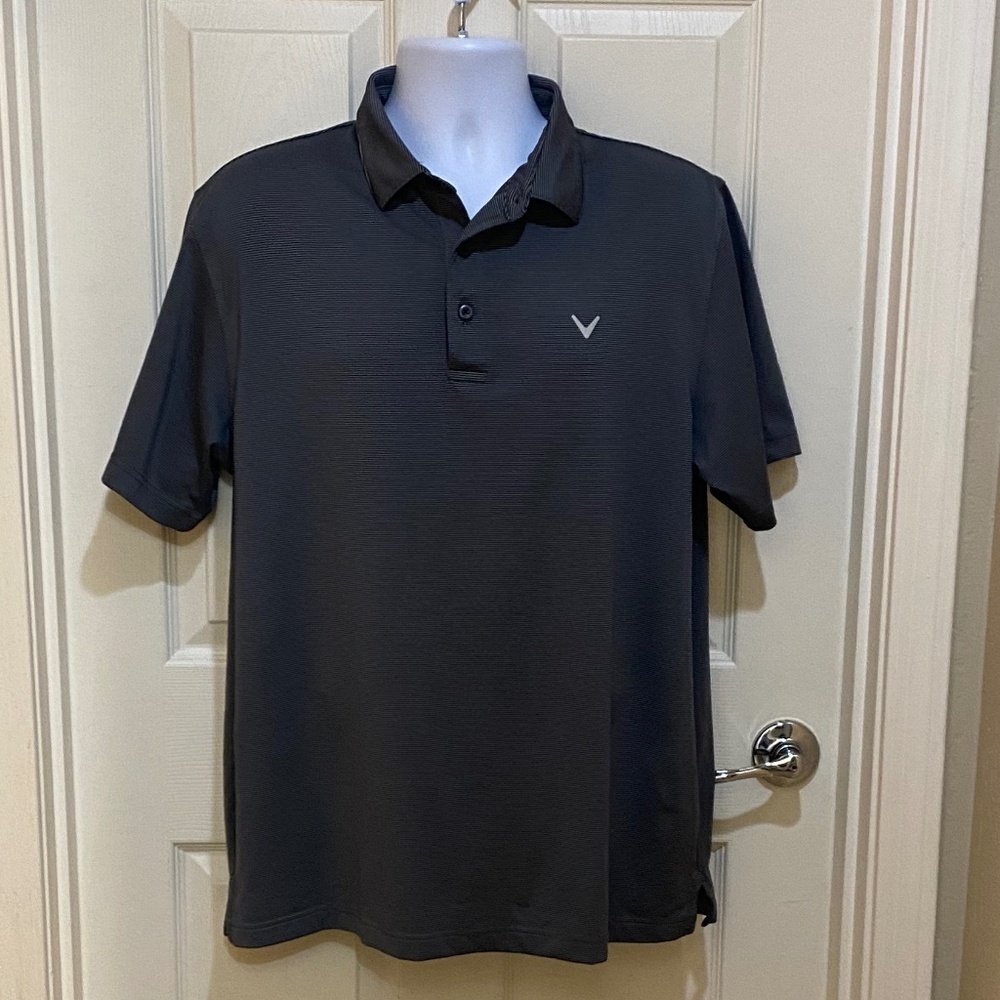 Callaway-Opti Drive Golf Shirt Black/Grey‎ Striped-Size Large